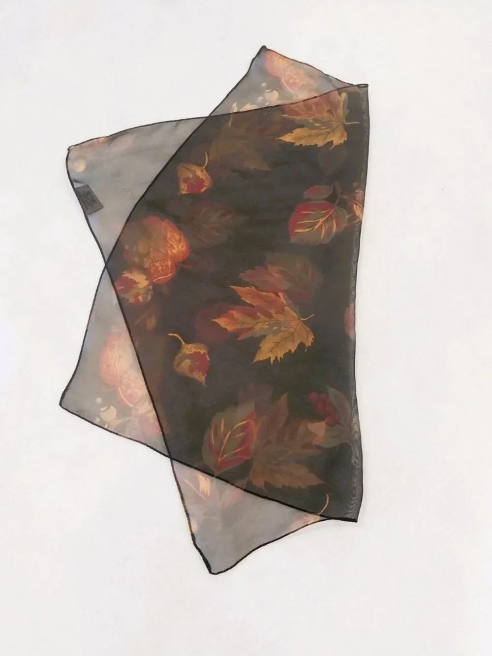 100% Silk Square Scarf Black Yellow Botanical Print Sheer 16